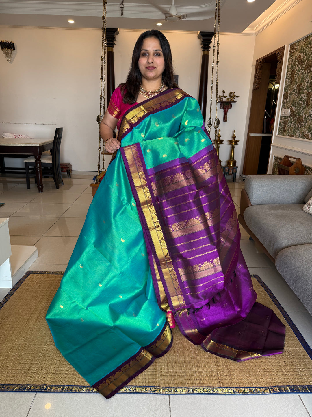 Greenish Blue with Purple Body Zari Mango butta, Traditional Borders and Rich Pallu Korvai Silk Cotton Saree