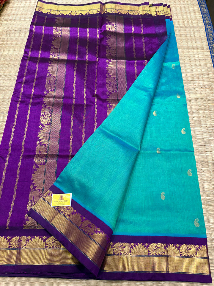Greenish Blue with Purple Body Zari Mango butta, Traditional Borders and Rich Pallu Korvai Silk Cotton Saree