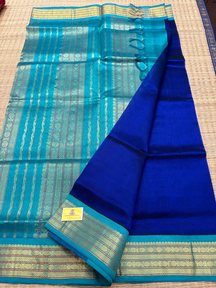 Blue with Blue Traditional Borders and Rich Pallu Korvai Silk Cotton Saree