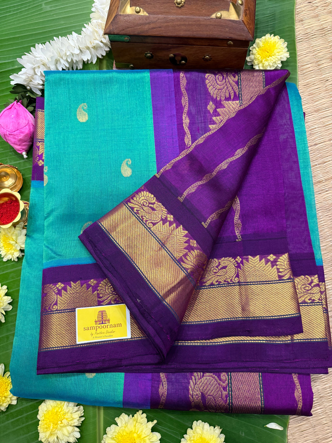 Greenish Blue with Purple Body Zari Mango butta, Traditional Borders and Rich Pallu Korvai Silk Cotton Saree