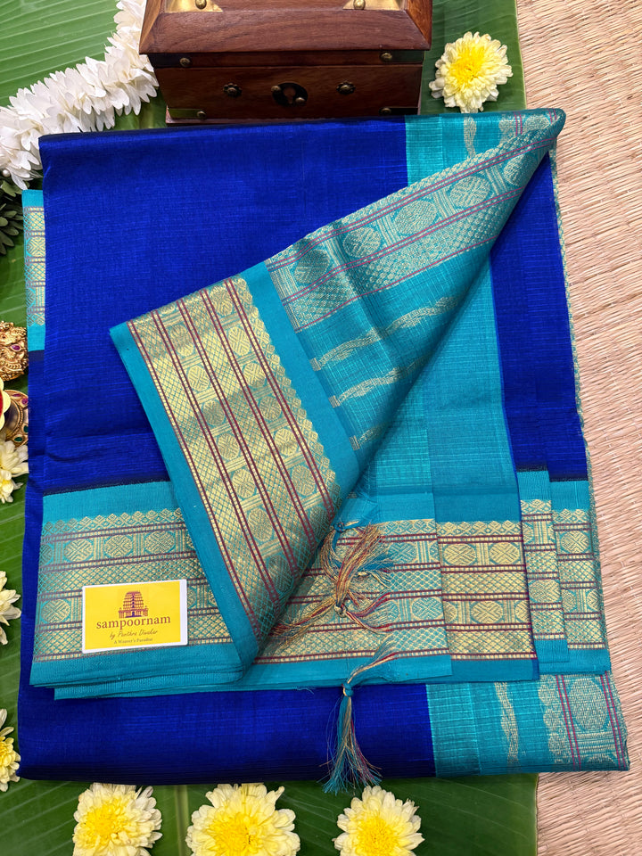 Blue with Blue Traditional Borders and Rich Pallu Korvai Silk Cotton Saree