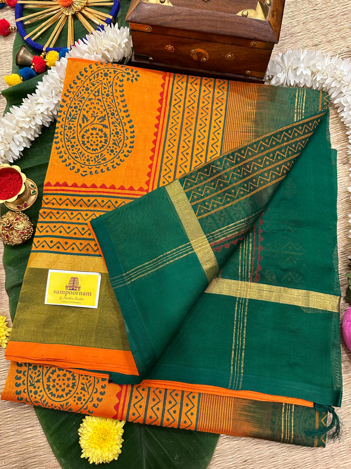 Orange with Green Handblock Printed Silk Cotton Saree