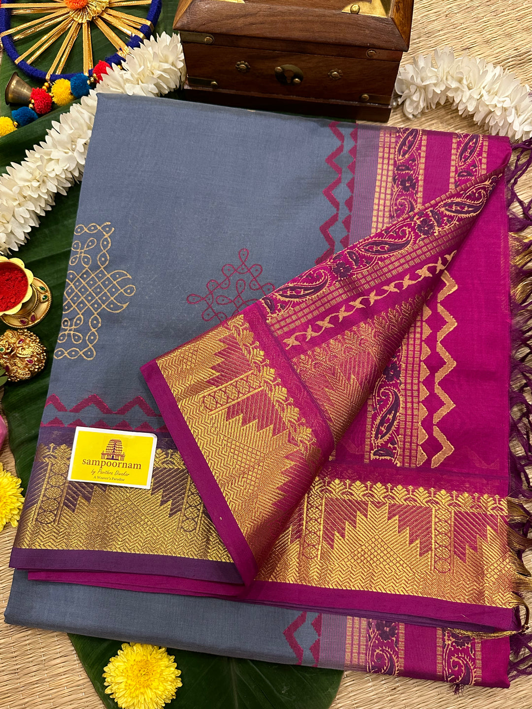 Grey With Magenta Kolam Handblock Printed Silk Cotton Saree