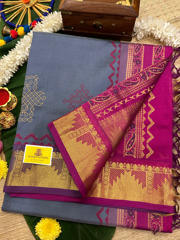 Grey With Magenta Kolam Handblock Printed Silk Cotton Saree