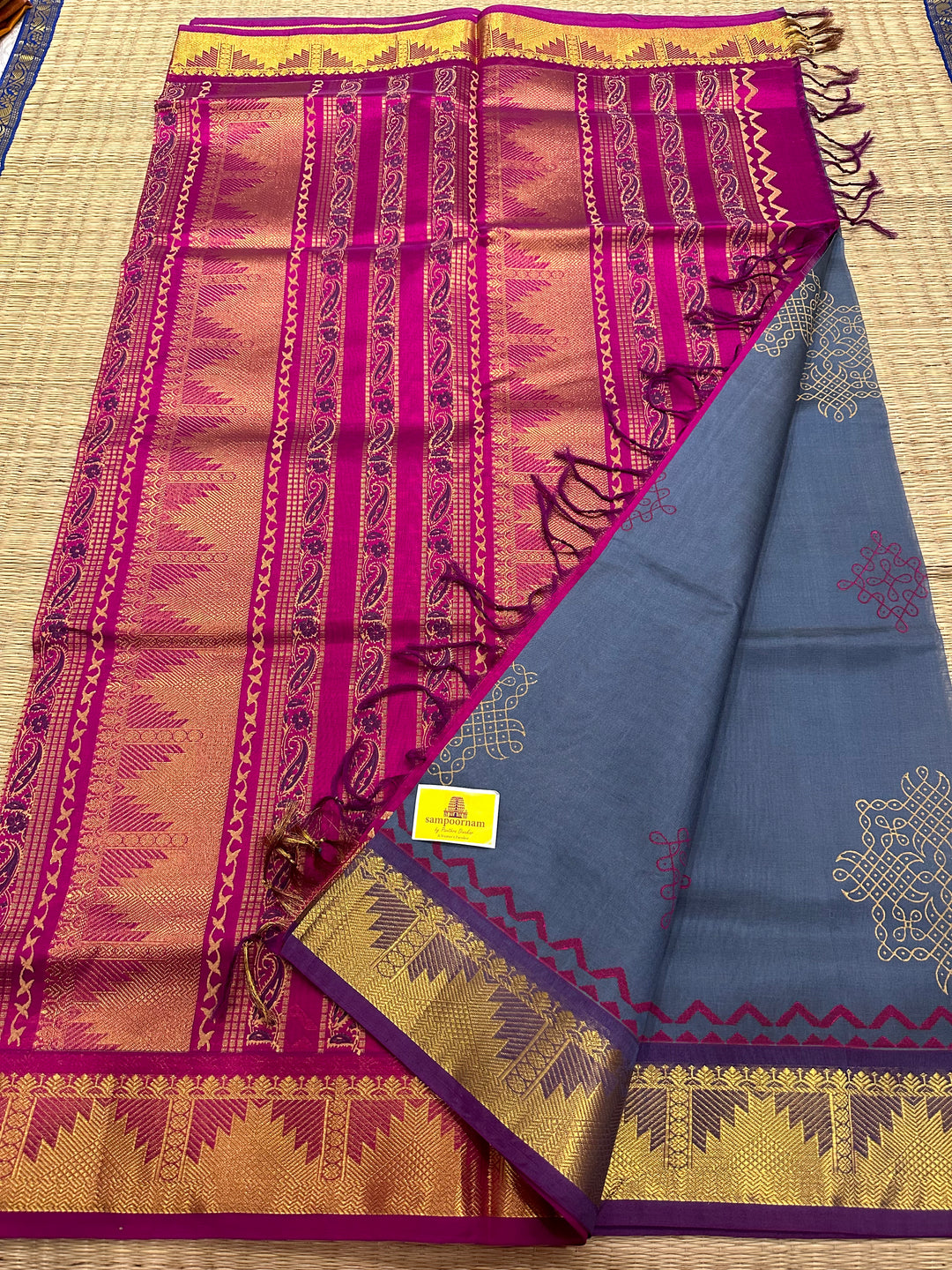 Grey With Magenta Kolam Handblock Printed Silk Cotton Saree