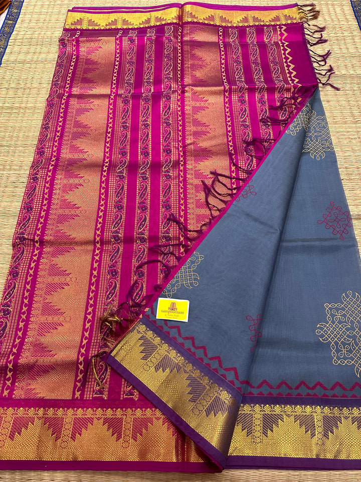 Grey With Magenta Kolam Handblock Printed Silk Cotton Saree