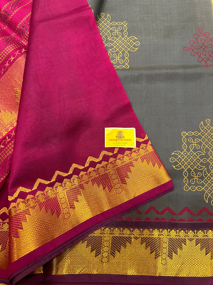 Grey With Magenta Kolam Handblock Printed Silk Cotton Saree