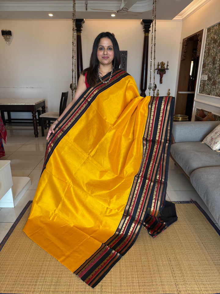 Mambazha Manjal With Black, Traditional Rich Kanchi Borders and Rich Pallu Korvai Silk Cotton Saree