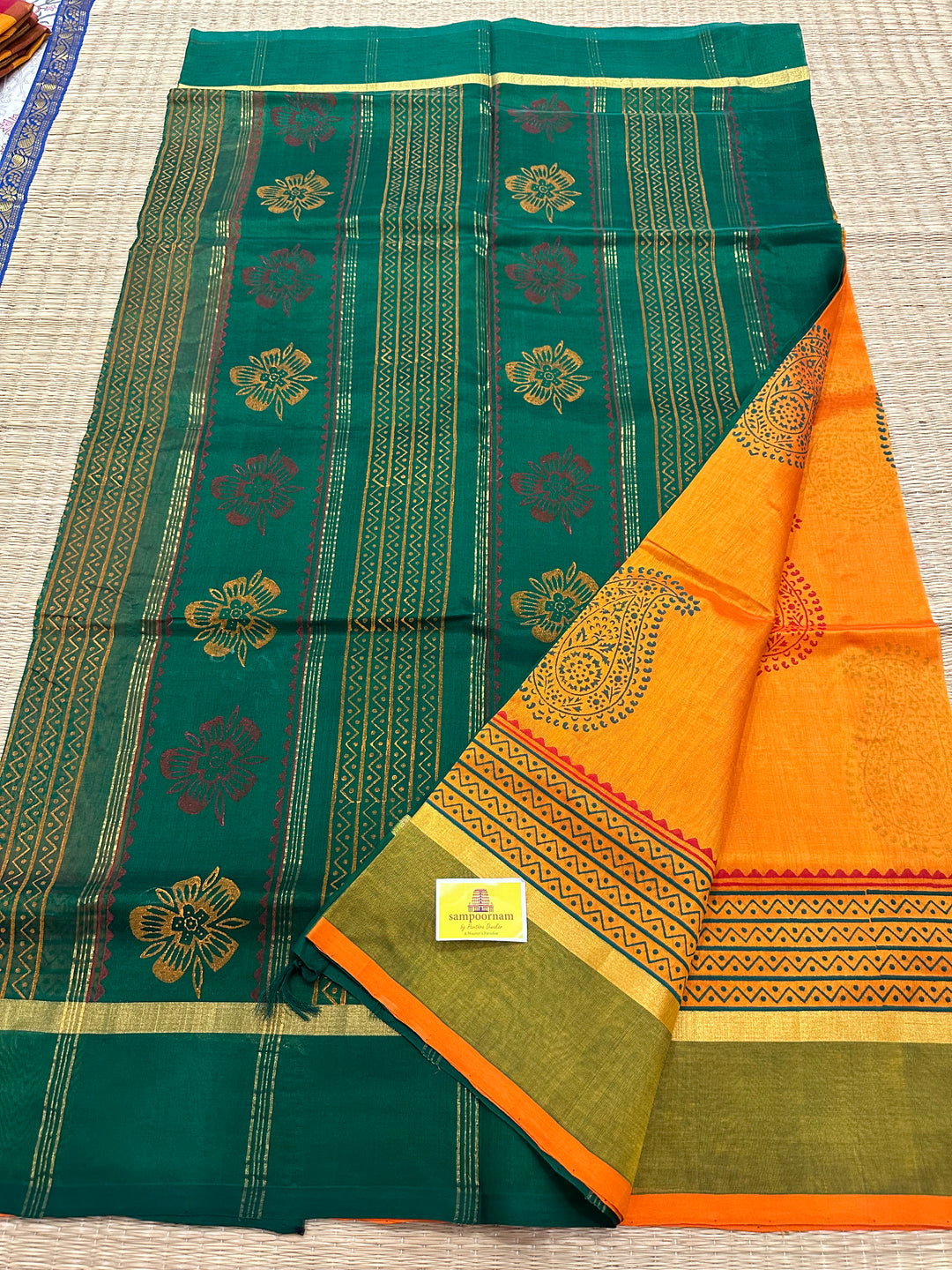 Orange with Green Handblock Printed Silk Cotton Saree