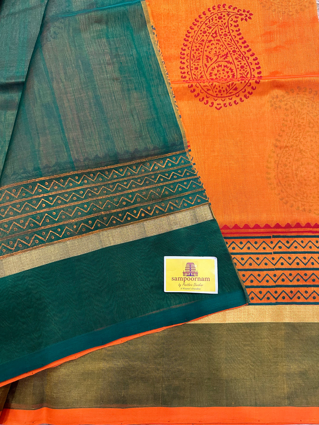 Orange with Green Handblock Printed Silk Cotton Saree