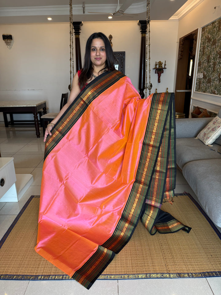 Peachish Pink with Black , Rich Big Traditional Kanchi Borders and Grand Pallu Korvai Silk Cotton Saree