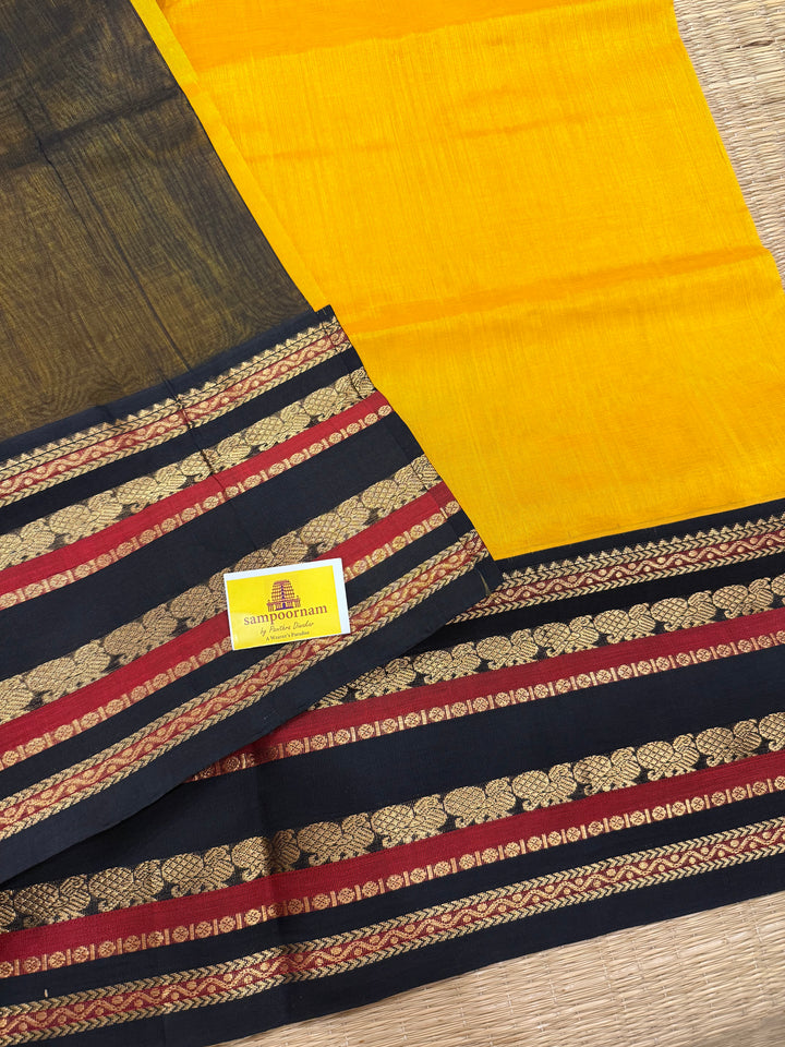 Mambazha Manjal With Black, Traditional Rich Kanchi Borders and Rich Pallu Korvai Silk Cotton Saree