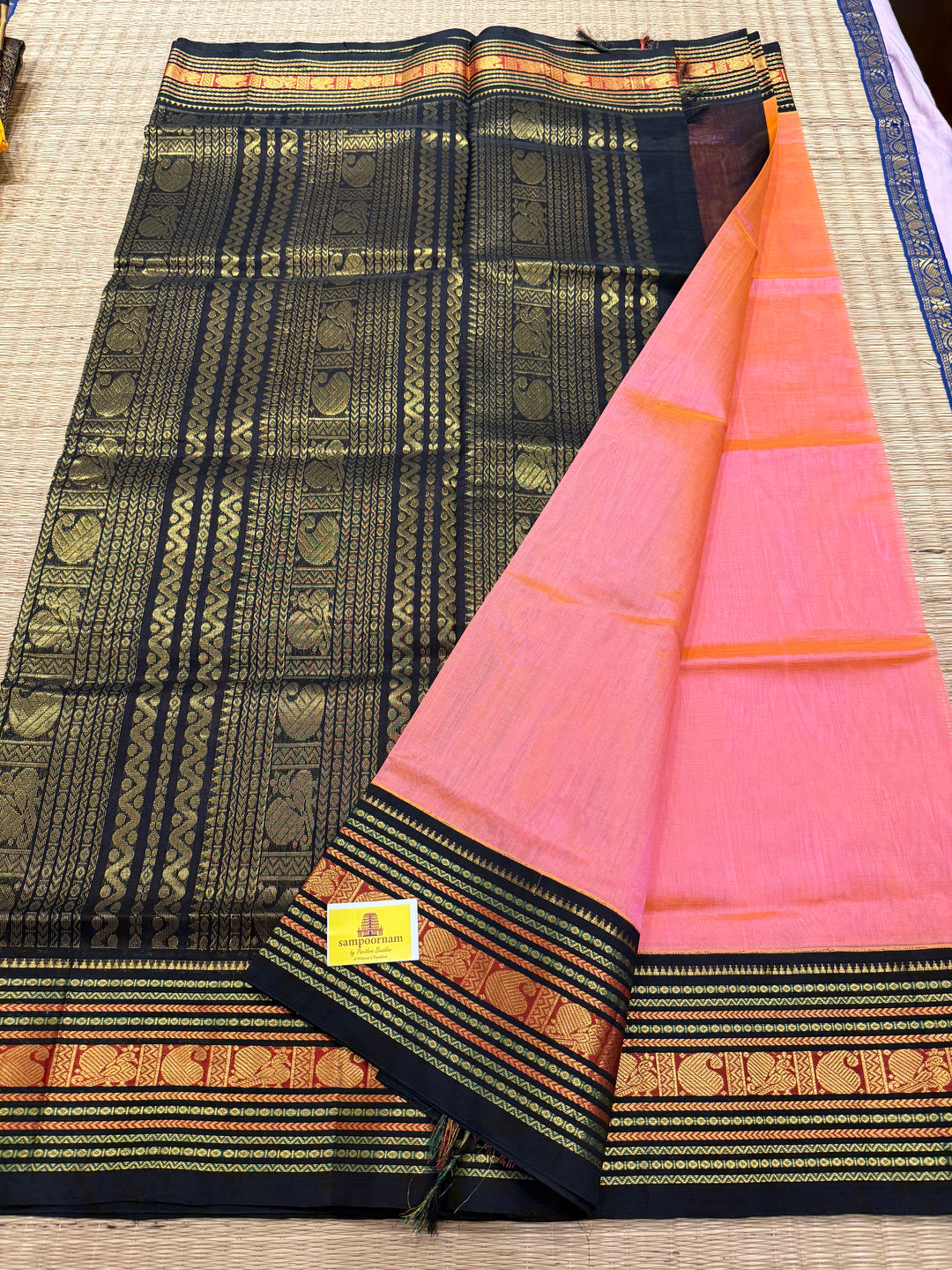 Peachish Pink with Black , Rich Big Traditional Kanchi Borders and Grand Pallu Korvai Silk Cotton Saree