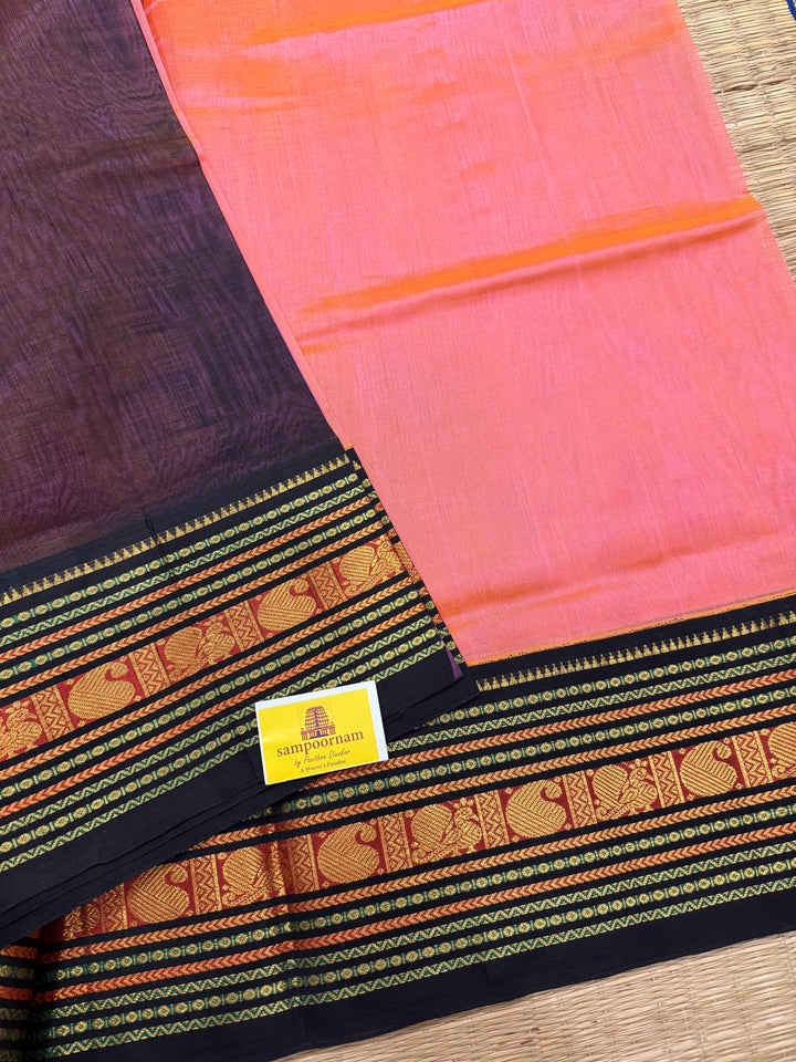 Peachish Pink with Black , Rich Big Traditional Kanchi Borders and Grand Pallu Korvai Silk Cotton Saree