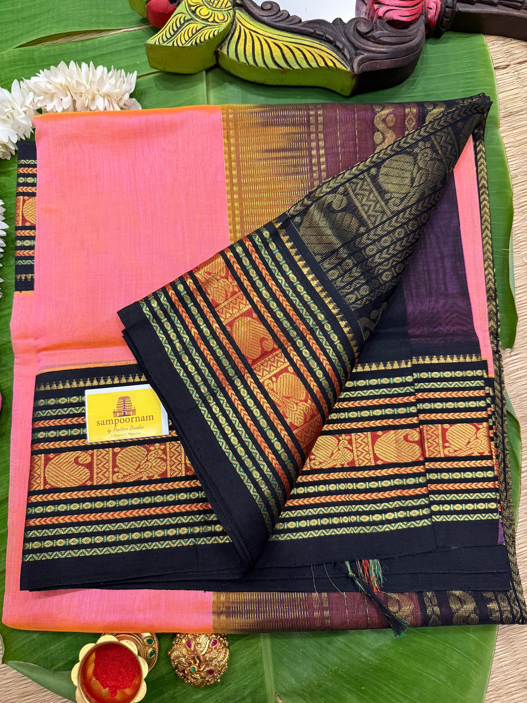 Peachish Pink with Black , Rich Big Traditional Kanchi Borders and Grand Pallu Korvai Silk Cotton Saree