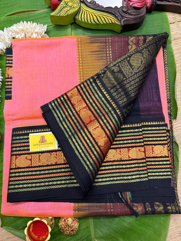 Peachish Pink with Black , Rich Big Traditional Kanchi Borders and Grand Pallu Korvai Silk Cotton Saree