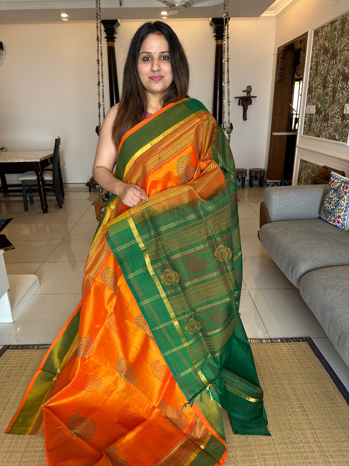 Orange with Green Handblock Printed Silk Cotton Saree
