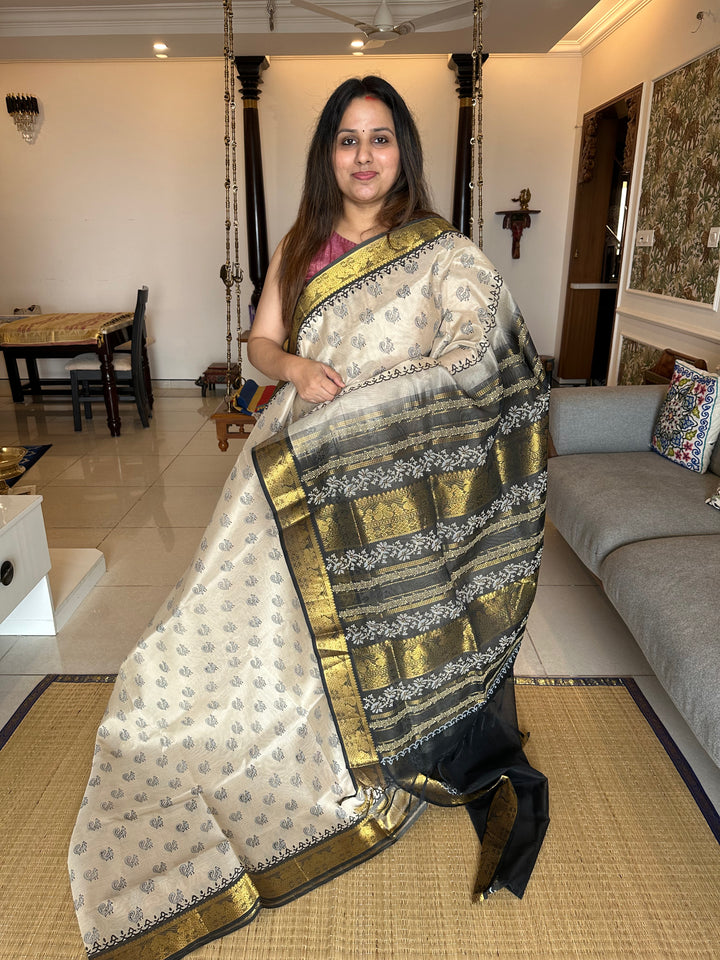 Offwhite with Black Handblock Printed Silk Cotton Saree