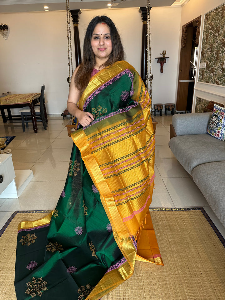 Green with Mustard Handblock Printed Silk Cotton Saree
