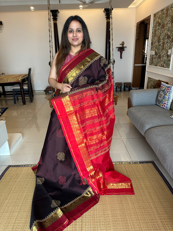 Brown with Red Kolam Handblock Printed Silk Cotton Sarees