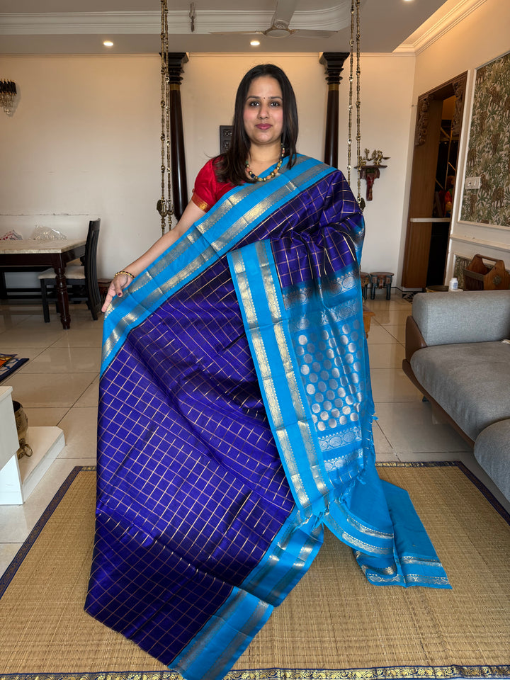 Dark Blue with Light Blue , Zari Checks in the Body Rich Pallu Korvai Silk Cotton Saree