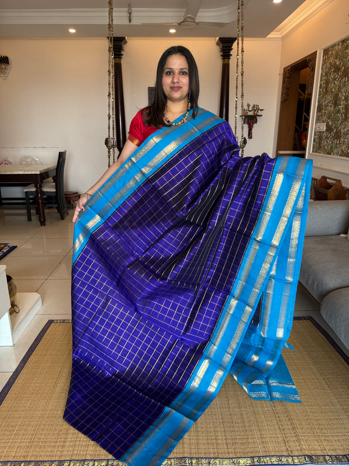 Dark Blue with Light Blue , Zari Checks in the Body Rich Pallu Korvai Silk Cotton Saree