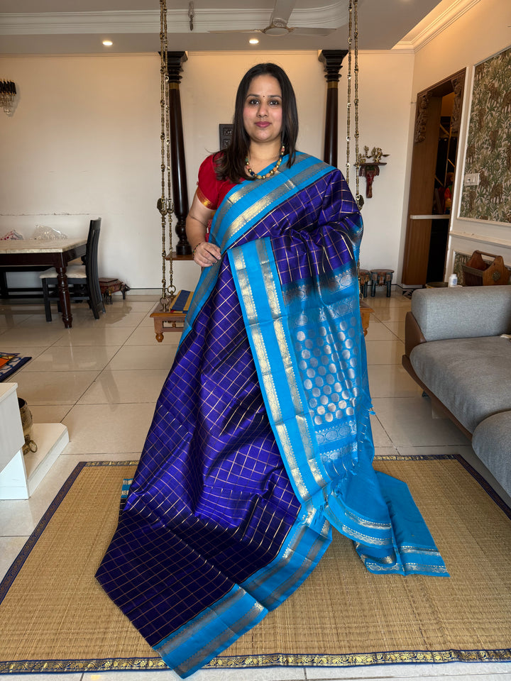 Dark Blue with Light Blue , Zari Checks in the Body Rich Pallu Korvai Silk Cotton Saree