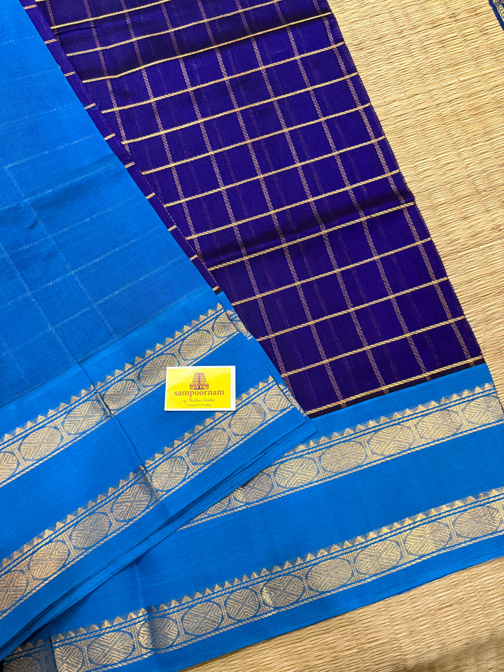 Dark Blue with Light Blue , Zari Checks in the Body Rich Pallu Korvai Silk Cotton Saree