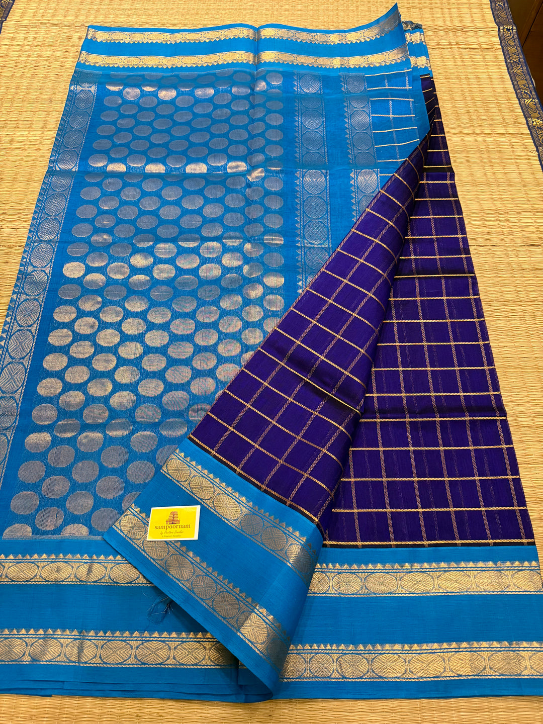 Dark Blue with Light Blue , Zari Checks in the Body Rich Pallu Korvai Silk Cotton Saree