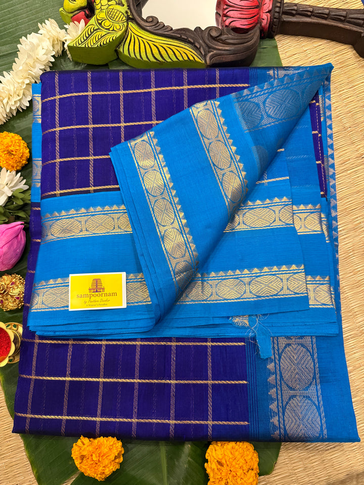 Dark Blue with Light Blue , Zari Checks in the Body Rich Pallu Korvai Silk Cotton Saree