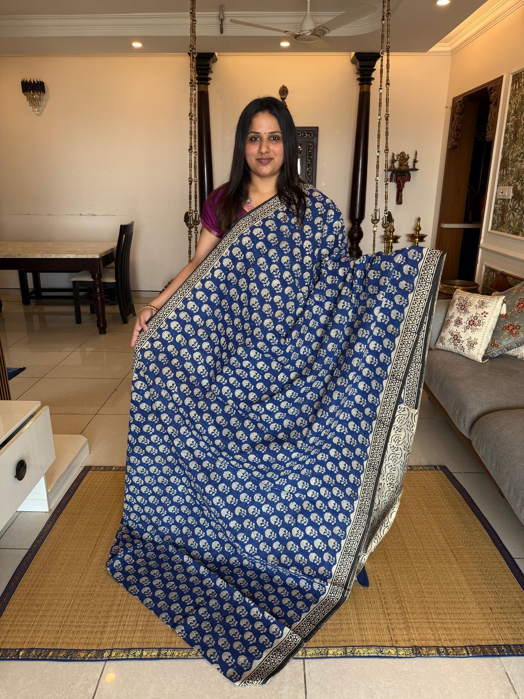 Indigo blue with black selvedge floral block printed mul cotton saree