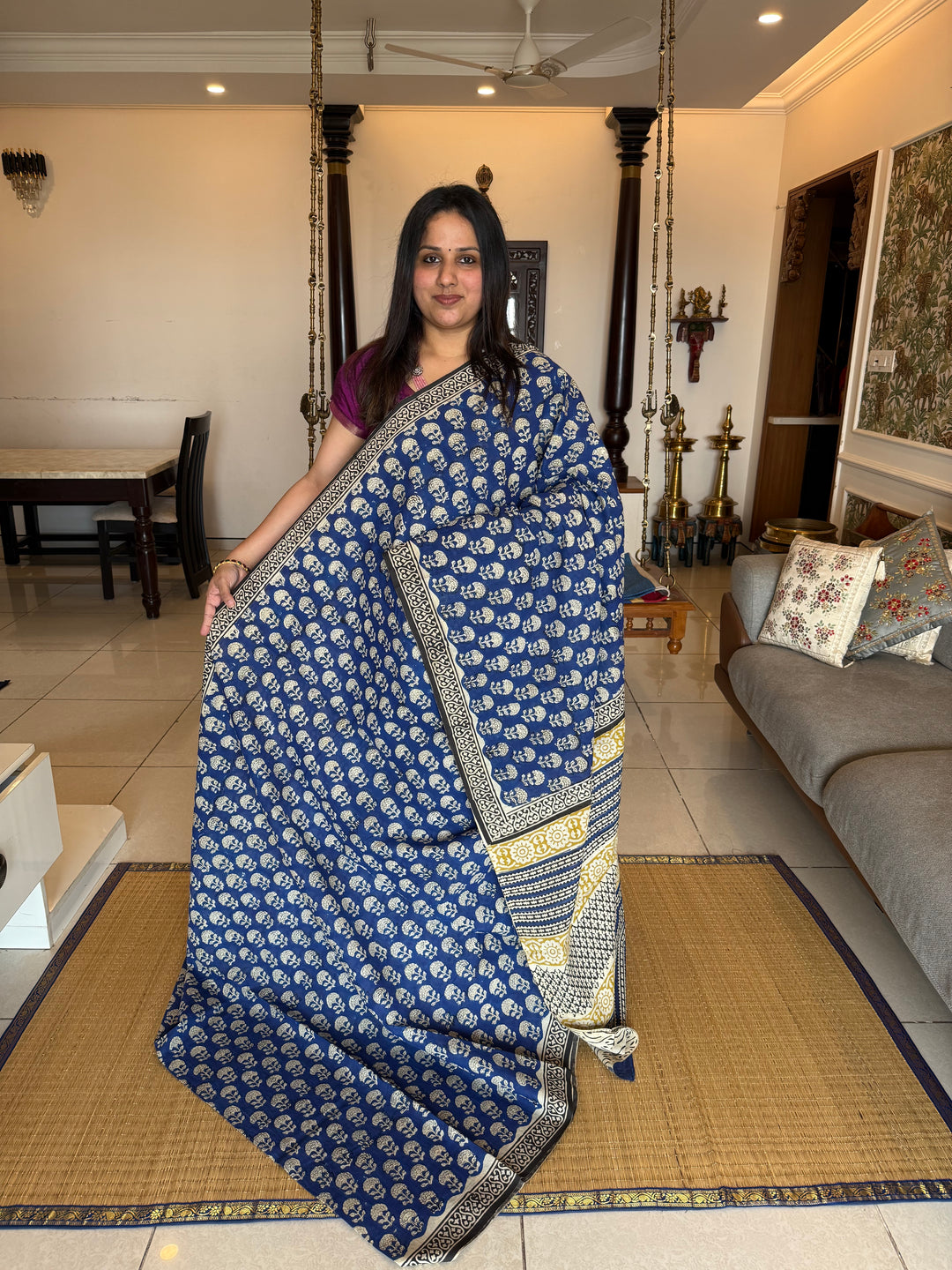 Indigo blue with black selvedge floral block printed mul cotton saree