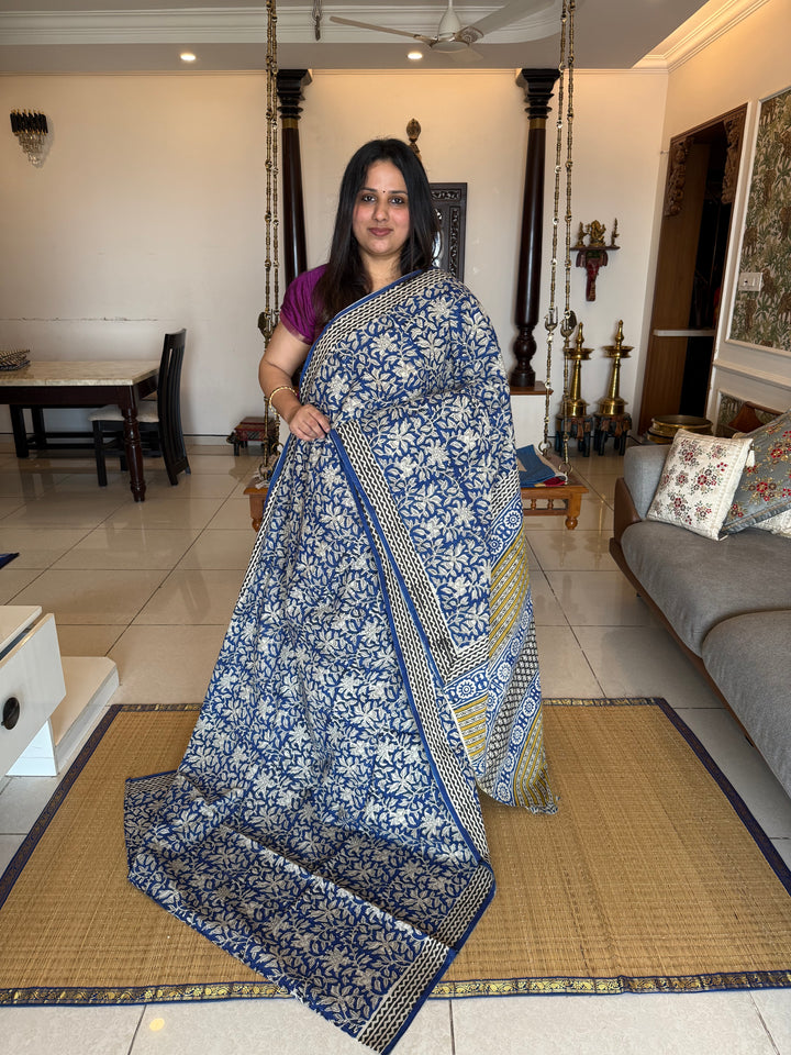 Indigo blue kalamkari printed mul cotton saree