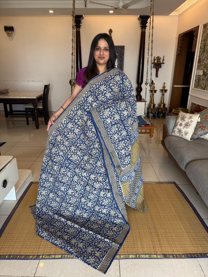 Indigo blue kalamkari printed mul cotton saree