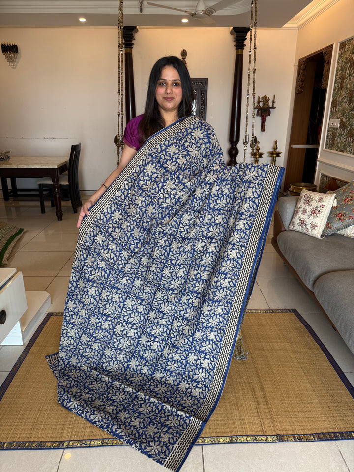 Indigo blue kalamkari printed mul cotton saree