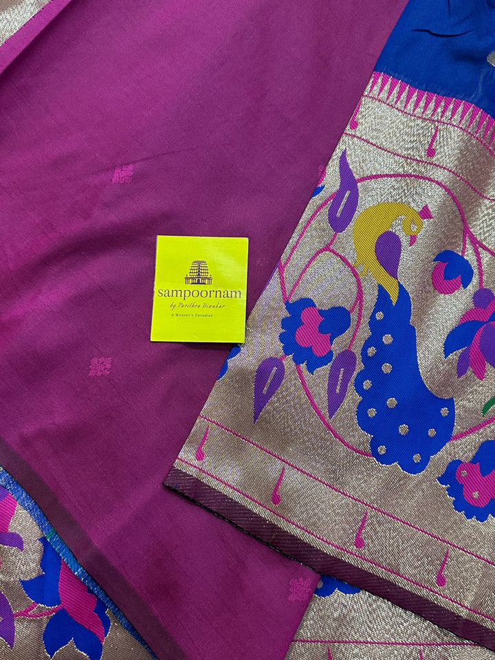 Blue With Pink Big Muniya Border, Zari Peacock and Parrot Design, Heavy Meena Zari Pallu