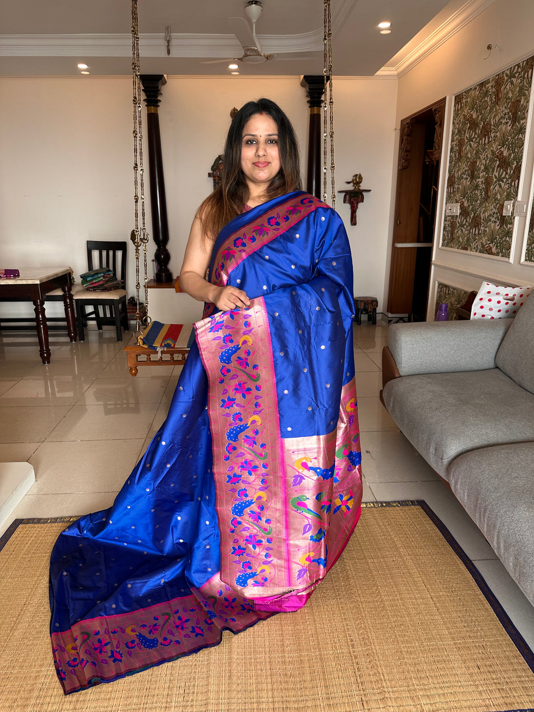 Blue With Pink Big Muniya Border, Zari Peacock and Parrot Design, Heavy Meena Zari Pallu