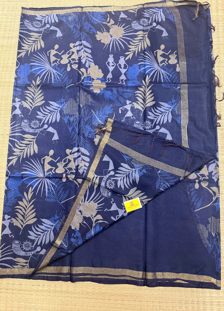 Blue Warli Printed ,Semi Tussar Saree