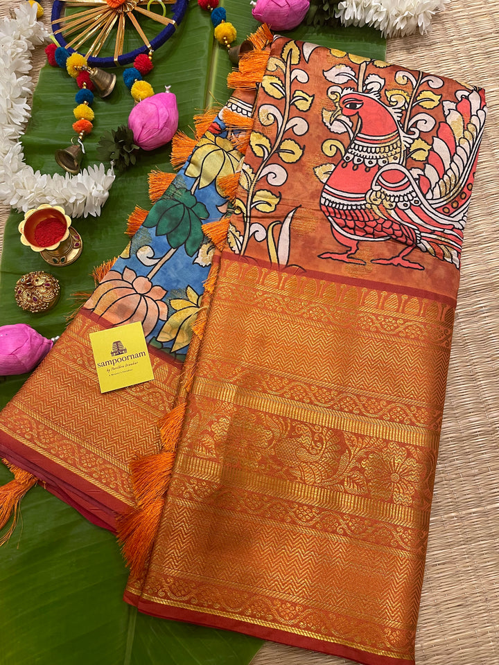 Semi Kanchivaram Blue and Red Lotus Annam Printed Silk Saree