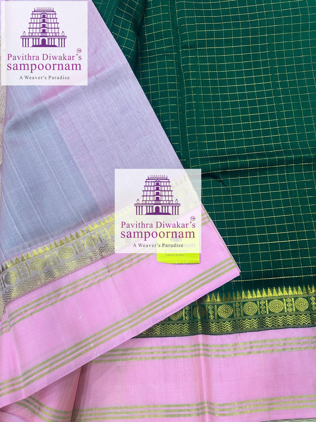 Green with Baby Pink  , Zari checks in the body , rettapet border and grand  Pallu Korvai Silk Cotton Saree
