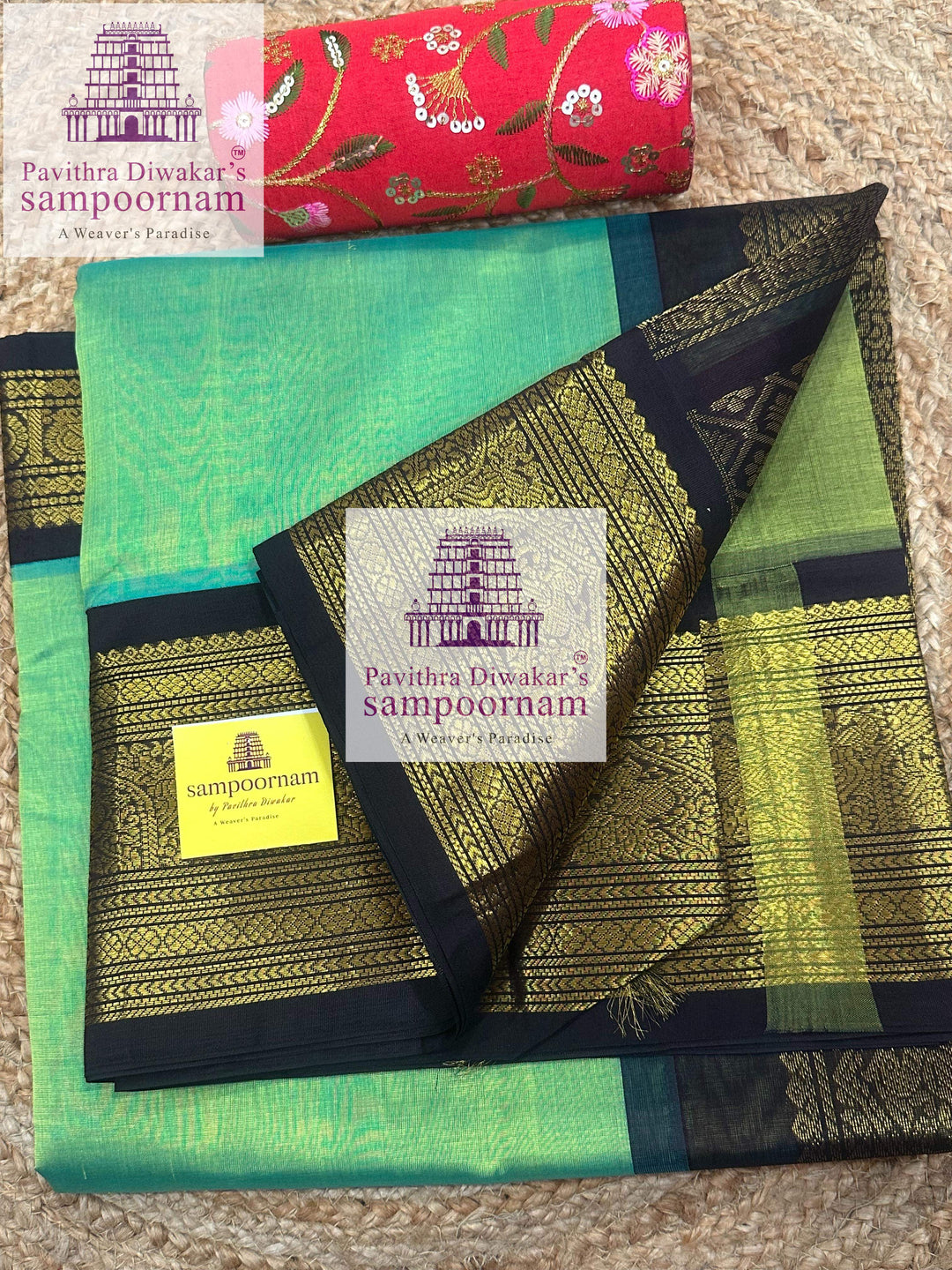 Pastel Green with Black , rich Kanchi one side big border with grand  Pallu Korvai Silk Cotton Saree