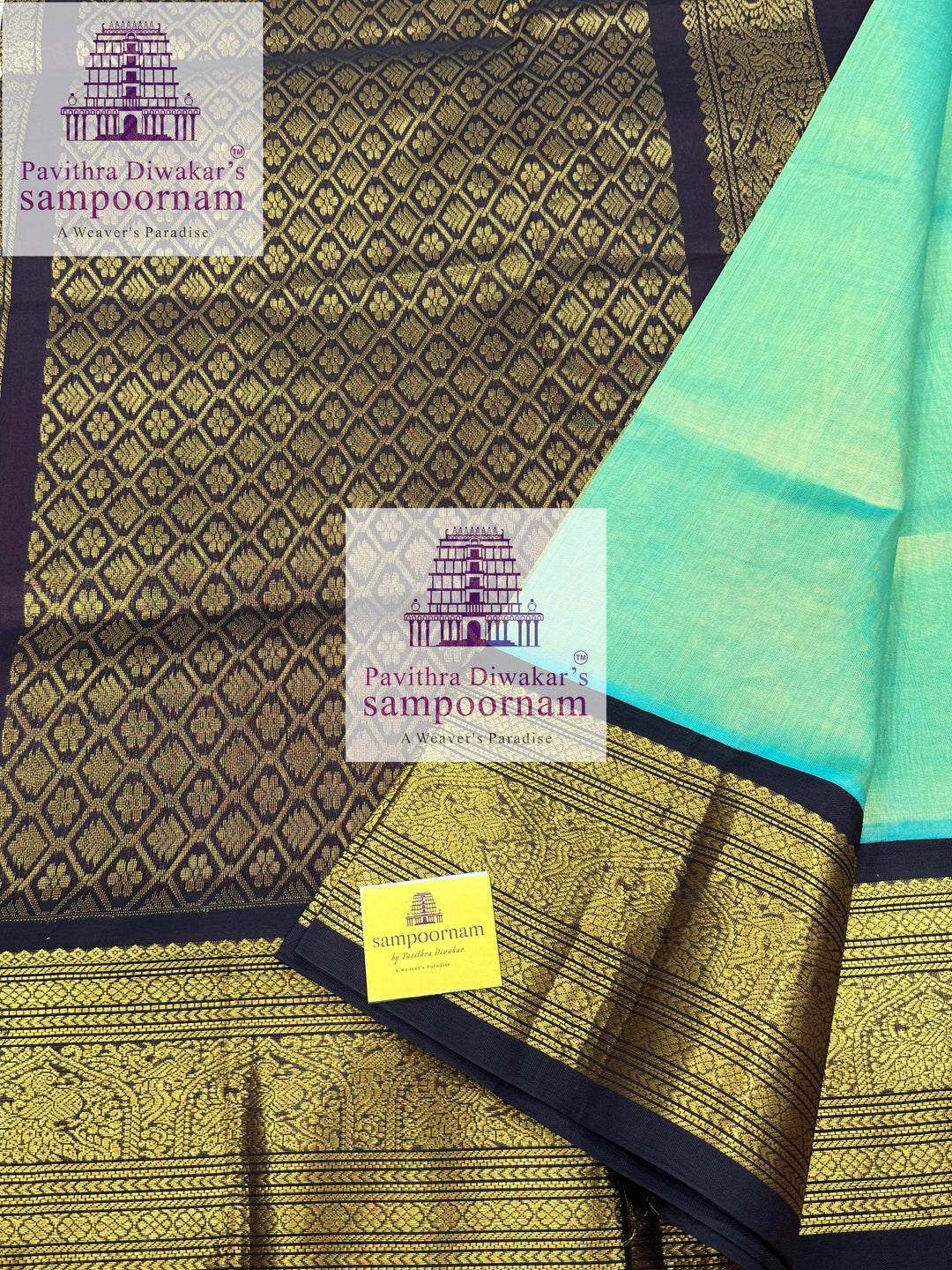 Pastel Green with Black , rich Kanchi one side big border with grand  Pallu Korvai Silk Cotton Saree