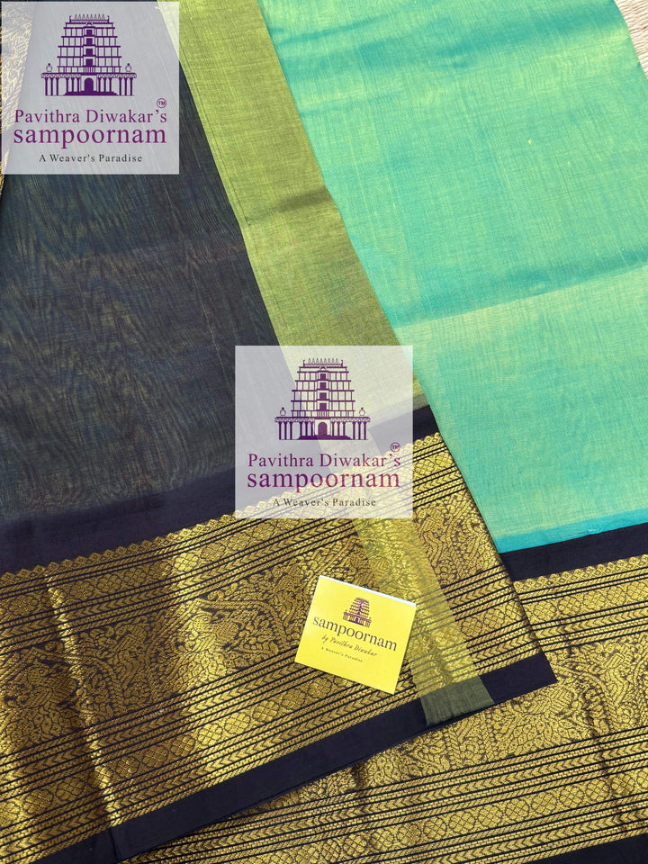 Pastel Green with Black , rich Kanchi one side big border with grand  Pallu Korvai Silk Cotton Saree