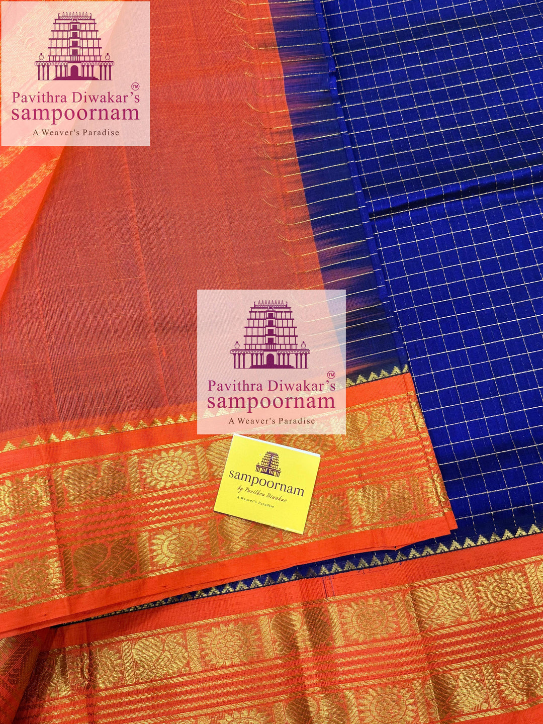Blue with Orange , Zari Kattam in the body , rettapet border and rich  Pallu Korvai Silk Cotton Saree