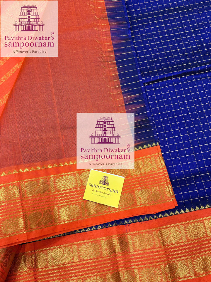 Blue with Orange , Zari Kattam in the body , rettapet border and rich  Pallu Korvai Silk Cotton Saree