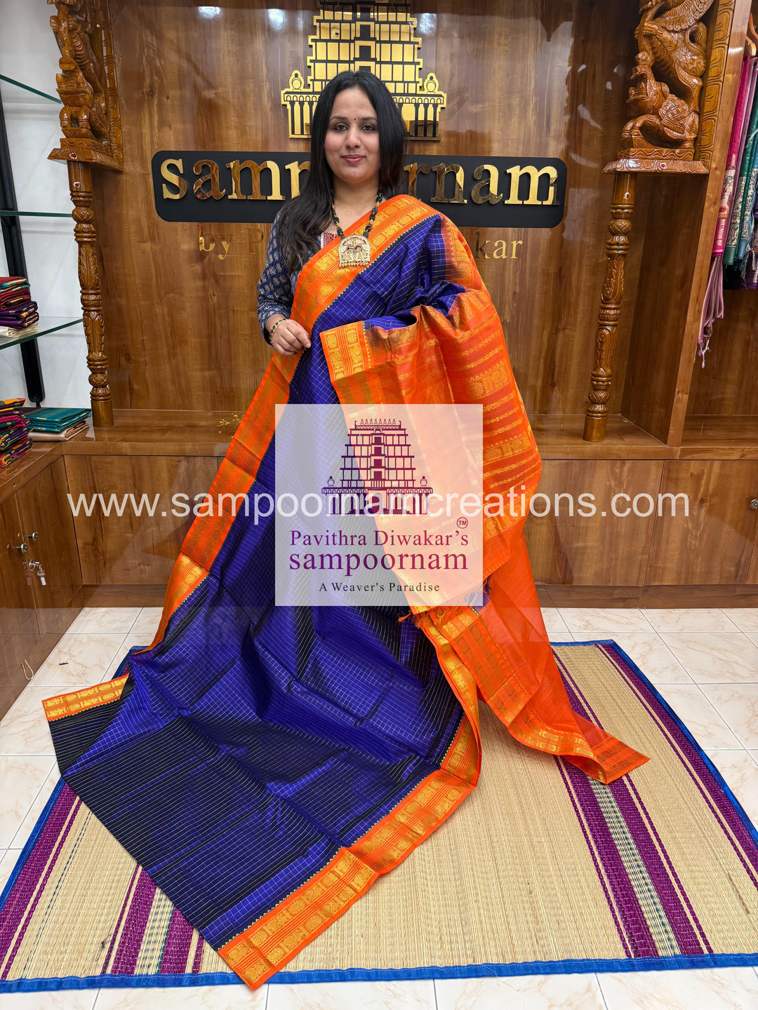 Blue with Orange , Zari Kattam in the body , rettapet border and rich  Pallu Korvai Silk Cotton Saree