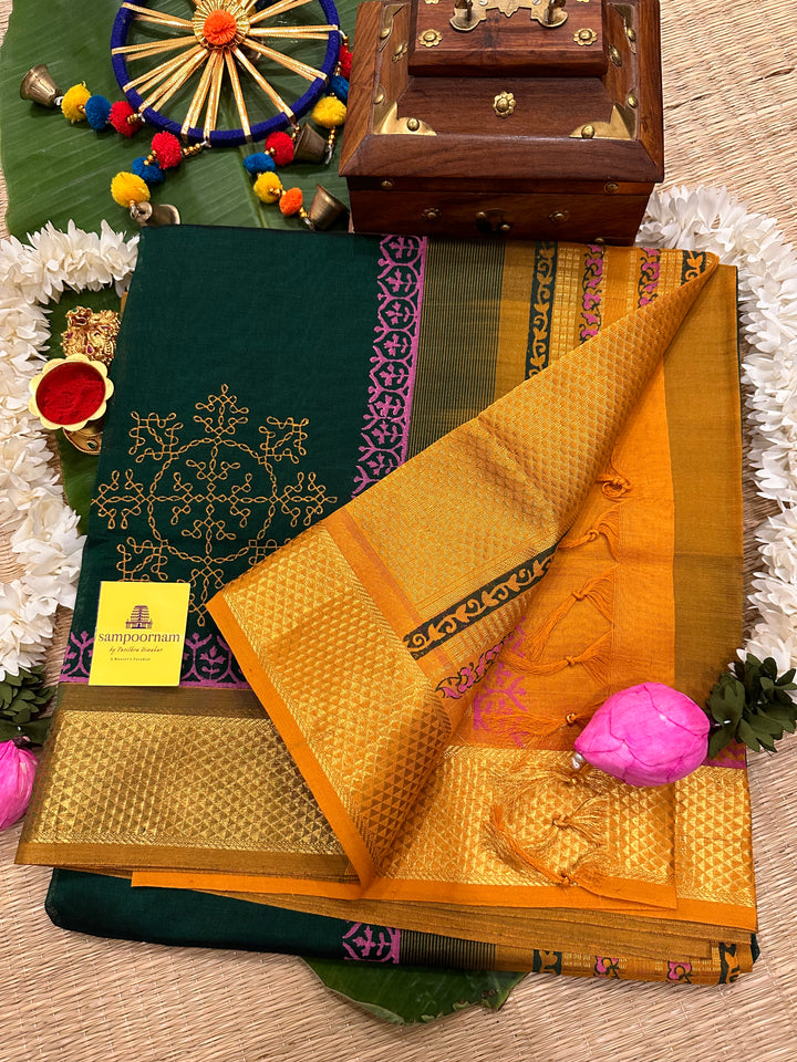 Green with Mustard Handblock Printed Silk Cotton Saree