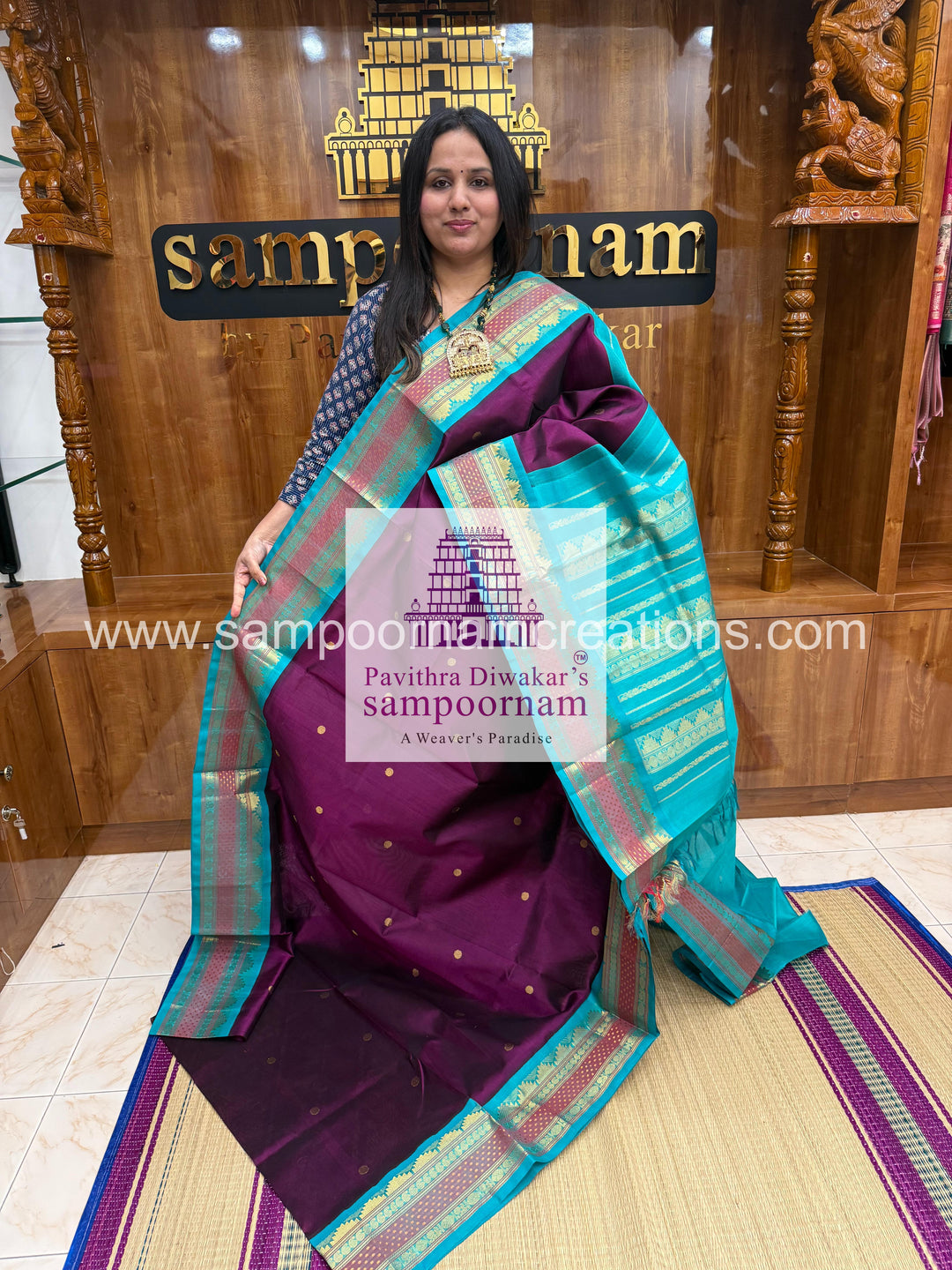 Purple with Blue ,rich Zari butta in the body, traditional borders and rich  , rich Zari butta in the body and Kanchi traditional borders and rich Pallu Korvai Silk Cotton Sare