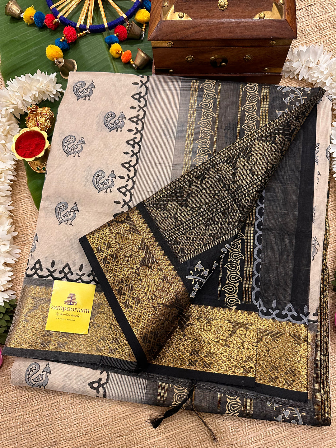 Offwhite with Black Handblock Printed Silk Cotton Saree