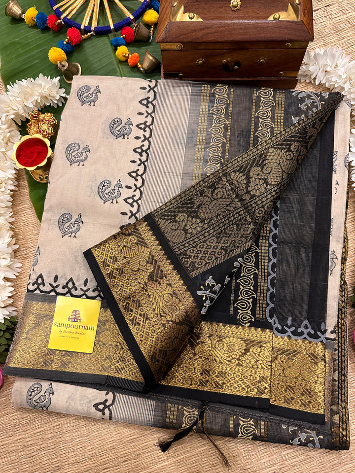 Offwhite with Black Handblock Printed Silk Cotton Saree
